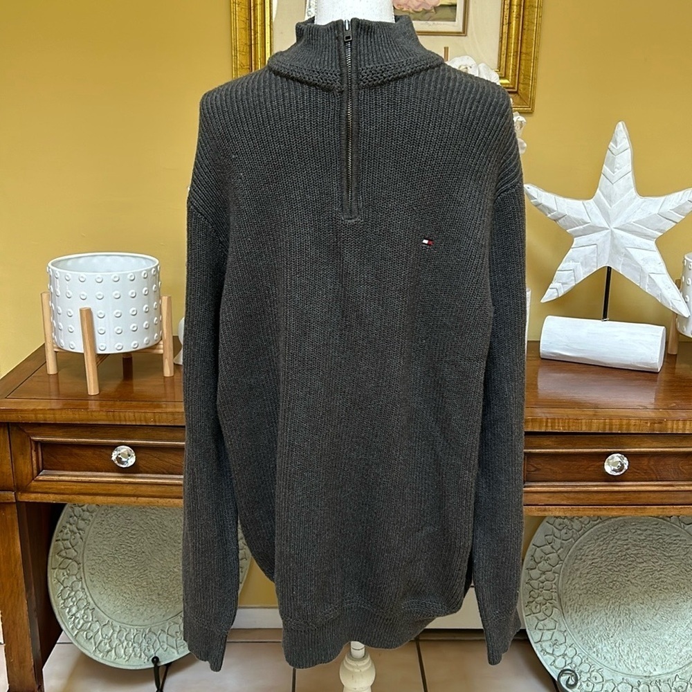 Tommy Hilfiger Men’s Grey Long Sleeve 100% Cotton Half Zip Ribbed Sweater 2XL